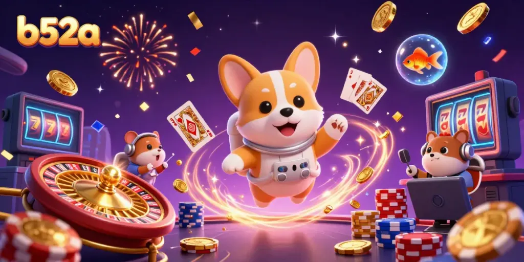 Engage in thrilling gameplay with b52a: a space casino scene featuring a corgi and cosmic treasures.
