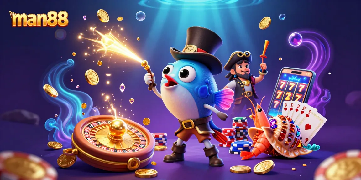 Spin the reels with man88 at this vibrant underwater casino adventure illustration featuring exciting game elements.