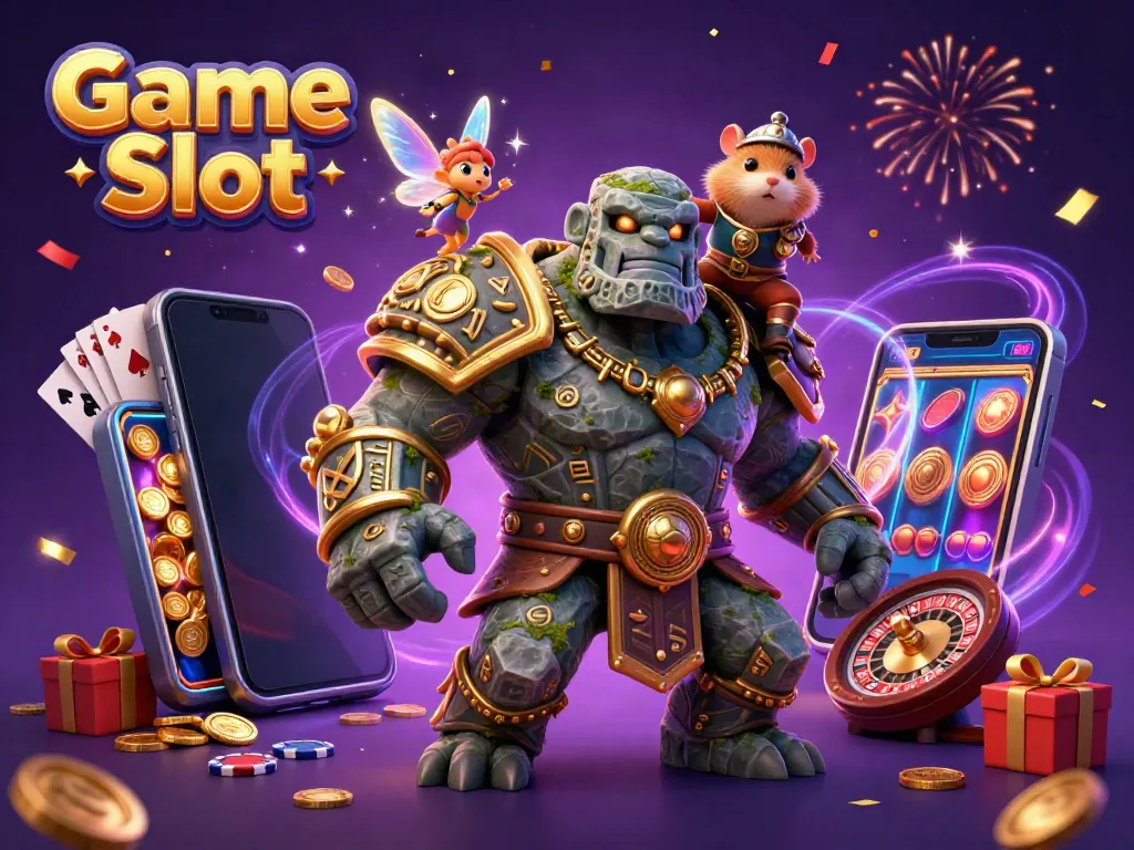 Engage with Game Slot featuring a golem, fairy, and hamster knight amidst colorful casino elements.