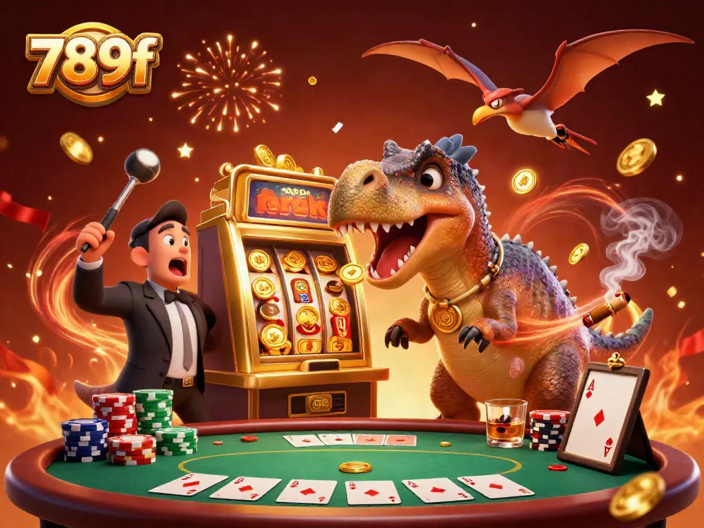 Experience excitement with 789f as a cartoon dinosaur triggers jackpot coins from a slot machine in a vibrant casino scene.