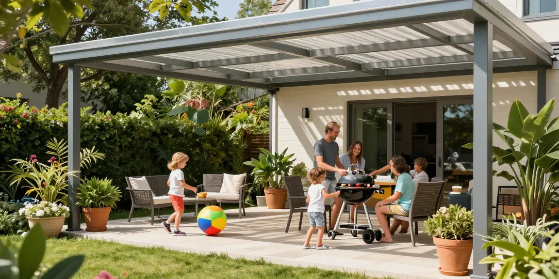 Moderne Terrassenüberdachung in einem Garten mit Familie, die einen sonnigen Nachmittag genießt.