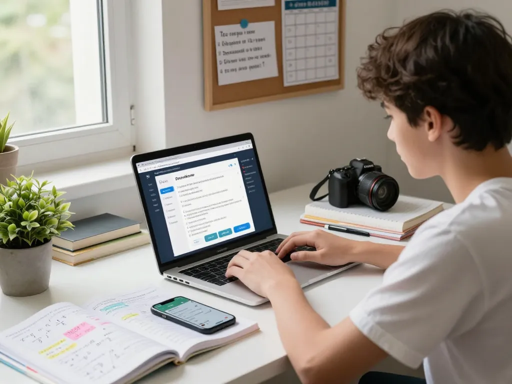 Student, der ein Hausaufgaben Löser Online-Tool zur Unterstützung bei den Hausaufgaben in einer gemütlichen Lernumgebung verwendet.