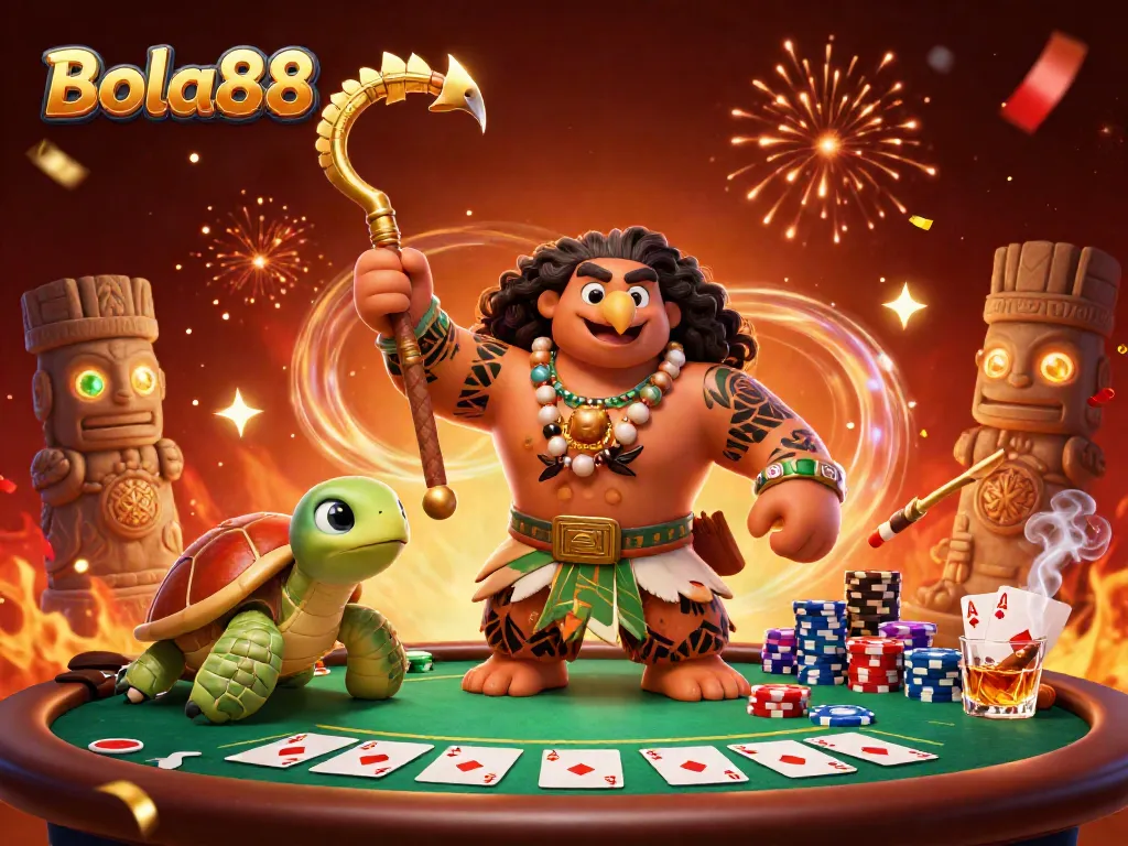Bola88 showcases an exciting poker scene with a demigod hawk and vibrant casino elements.