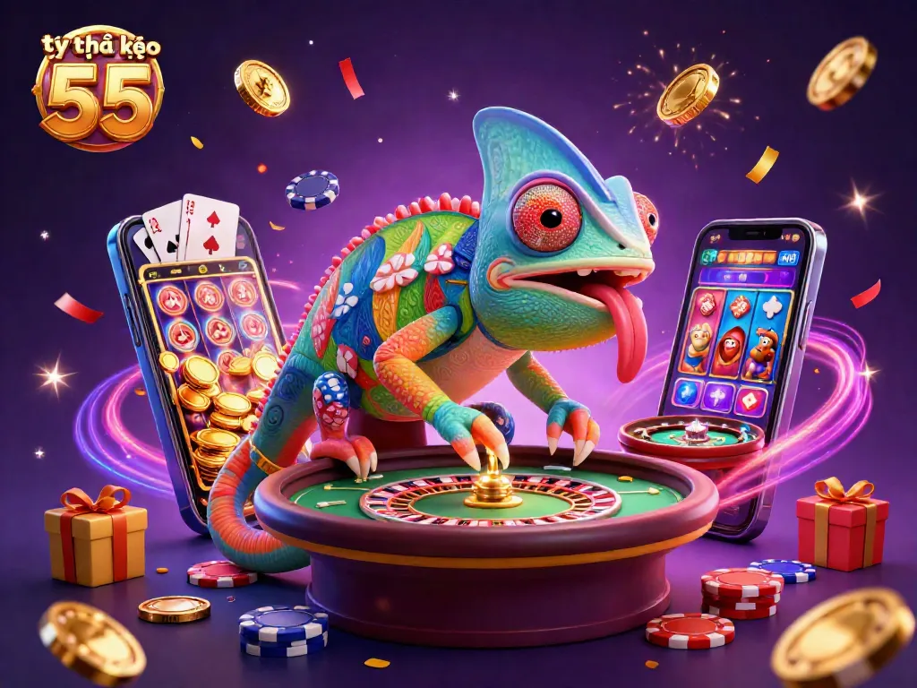 Tỷ lệ kèo nhà cái 55 showcased as a vibrant casino scene with a chameleon owner capturing player excitement.