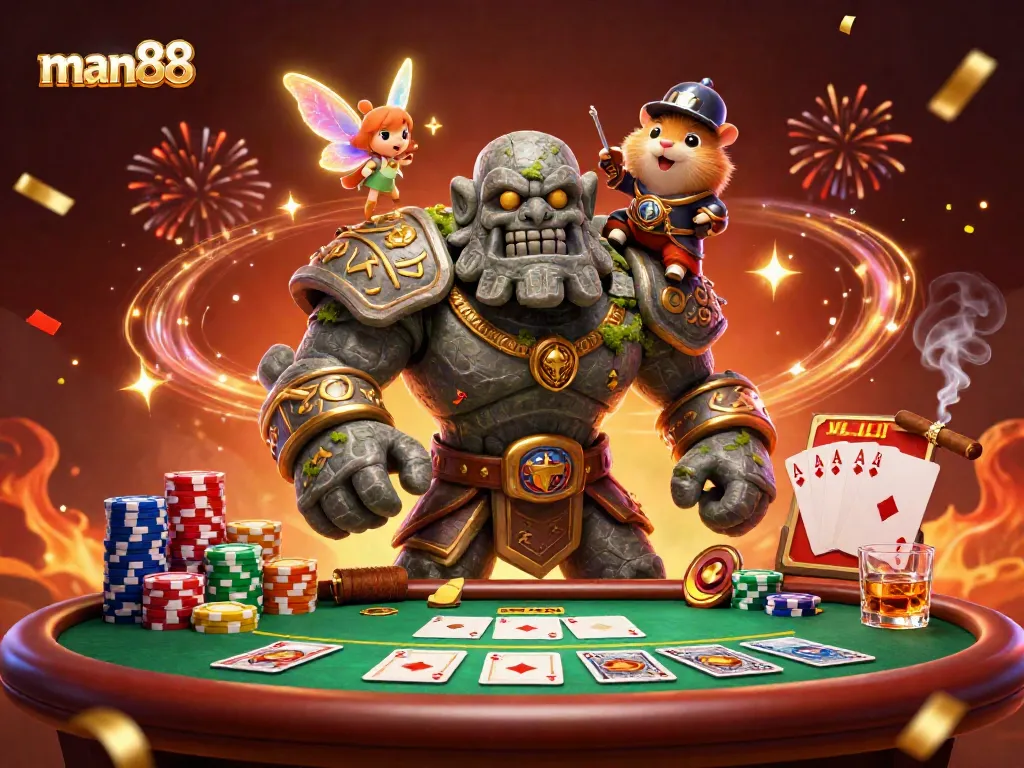 Experience the excitement of man88 with a golem guardian, fairy magic, and poker action in a vivid casino scene.