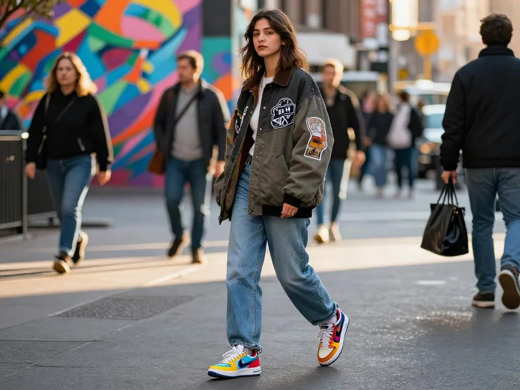 Trendy Frau in der Stadt mit ihren individuell gestalteten Custom Sneakern.