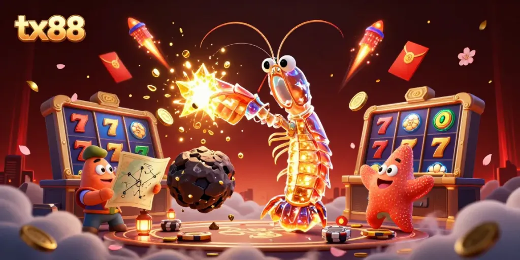 Experience thrilling gameplay with tx88 as a samurai shrimp battles golden gems in a vibrant casino scene.