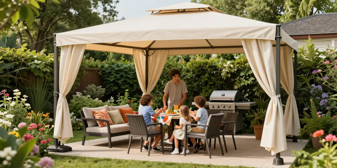 Familie unter einer freistehenden Terrassenüberdachung beim Entspannen im Garten.