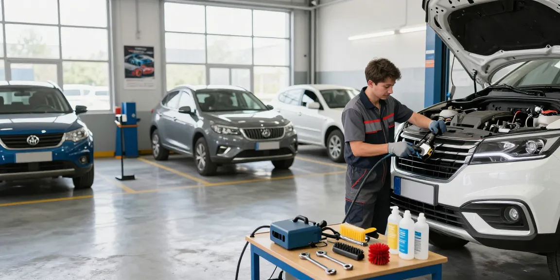 Mechaniker, der DPF-Reinigen-Service an einem Diesel-Fahrzeug in einer professionellen Autowerkstatt durchführt.
