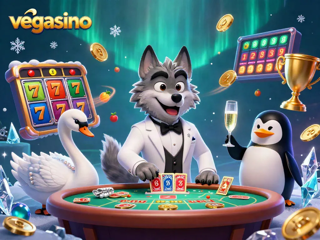 Experience Vegasino's thrilling gameplay with animated casino characters and colorful slot elements.