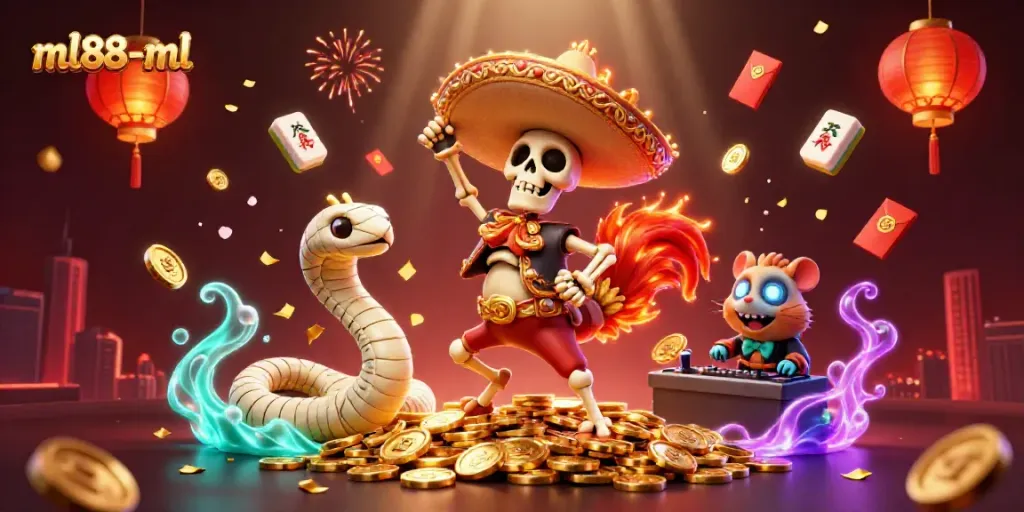 Experience the vibrant world of ml88-ml with dancing characters and glowing casino elements