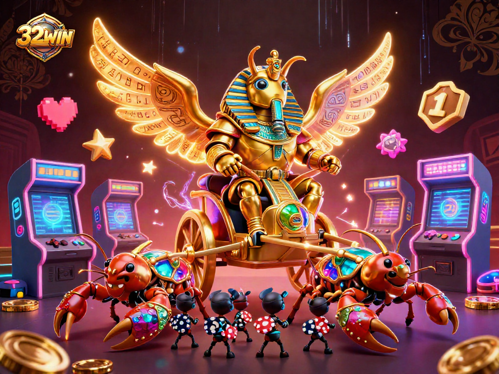 Experience the thrill of gaming with 32WIN's vibrant casino scene featuring epic characters.