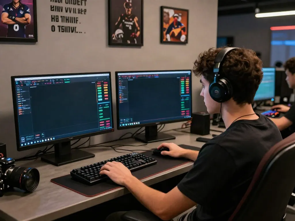 Exciting gaming environment showcasing live betting on https://gem88.bz/ with dual monitors and vibrant atmosphere.