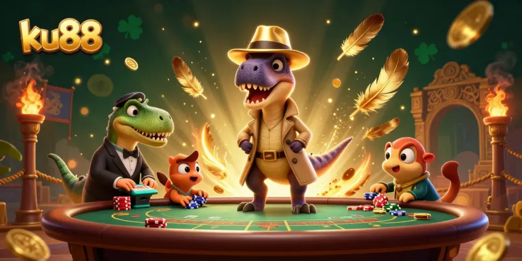 ku88 casino scene with a velociraptor card counter, suspicious stegosaurus pit boss, and a compy pickpocket