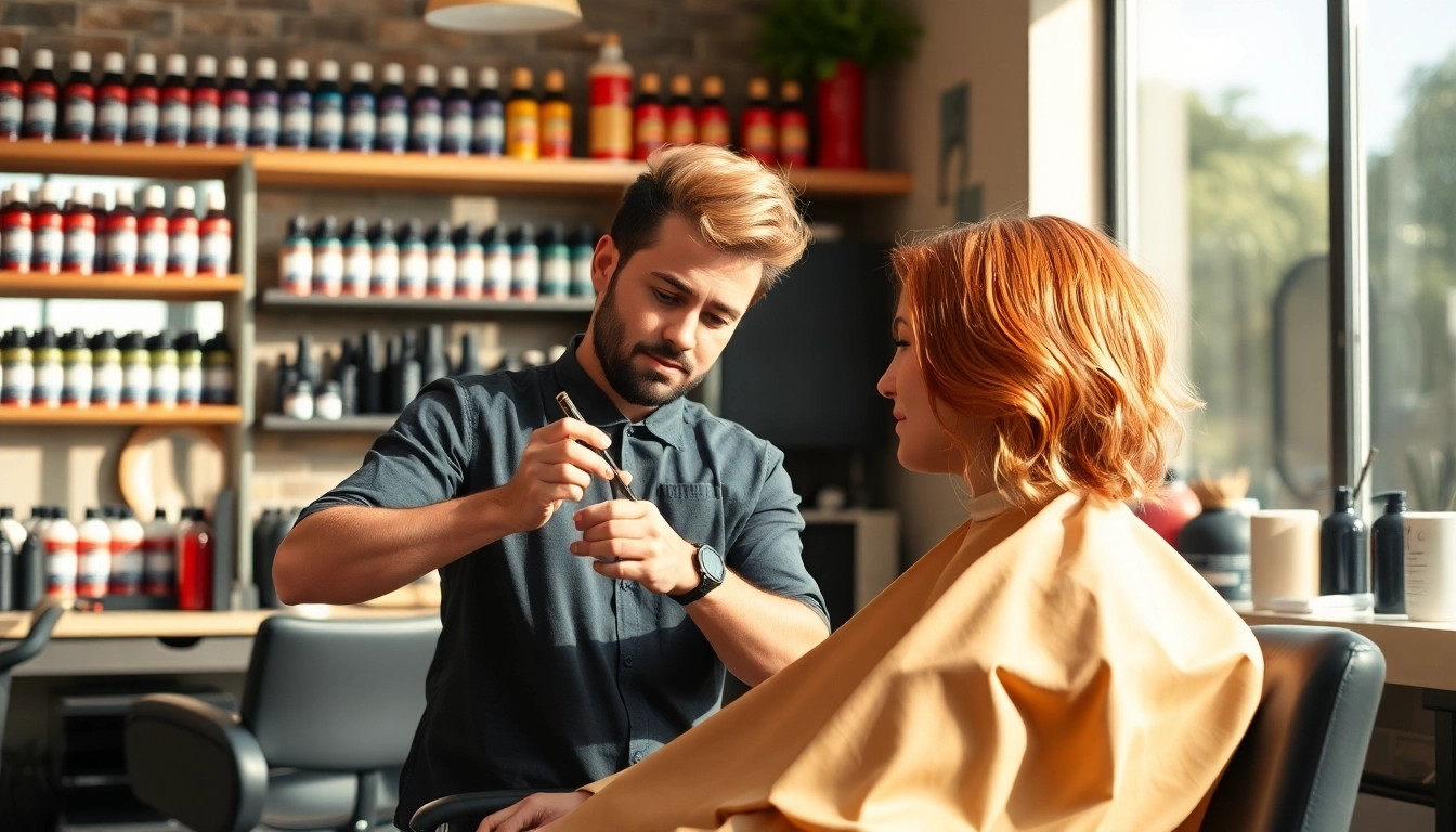Hair salon scene depicting colore capelli parrucchiere process with a stylist applying dye.