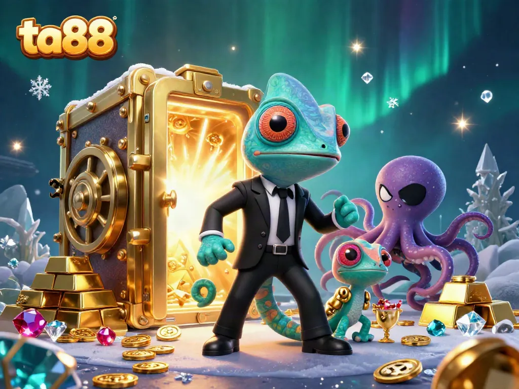Experience the thrill of ta88 with a dynamic 3D casino scene featuring exciting characters and treasure.