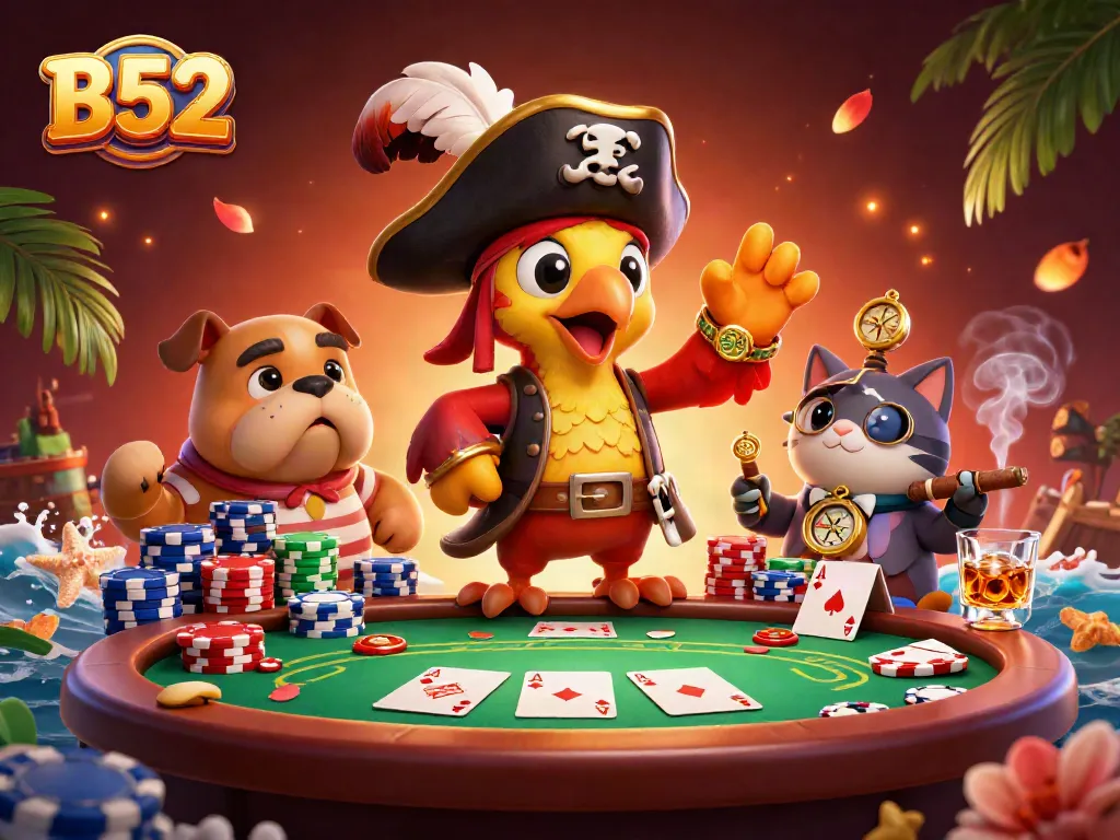 Engage in thrilling poker action with B52 pirates amid vibrant casino elements and rich illustrations