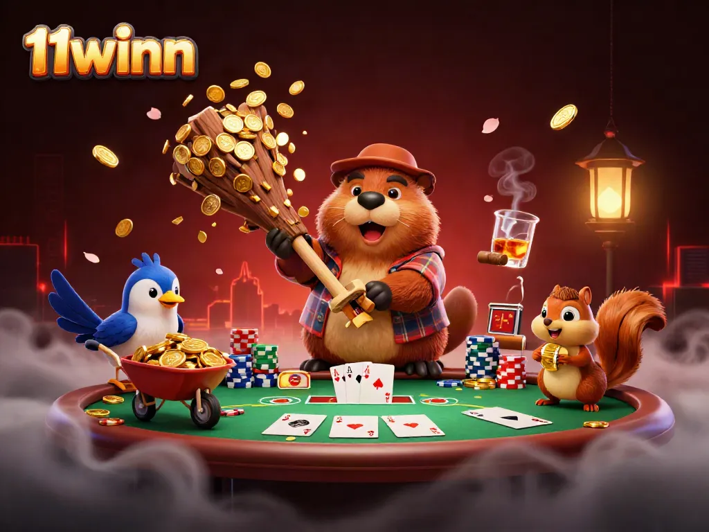 Experience winning moments with 11winn as playful beavers celebrate casino success with gold