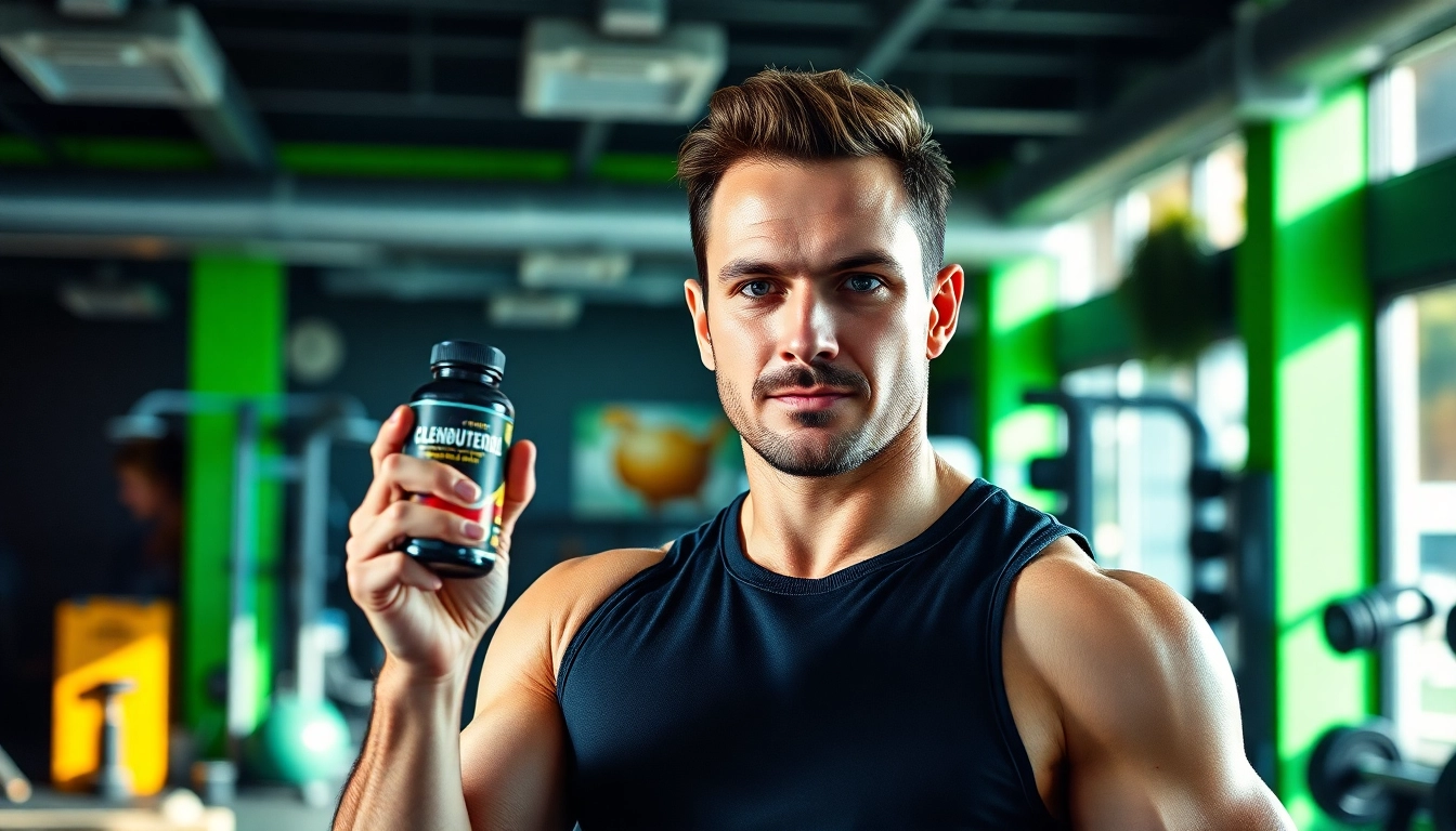 Clenbuterol kaufen in einem modernen Fitnessstudio mit einem Trainer und motivierender Atmosphäre.