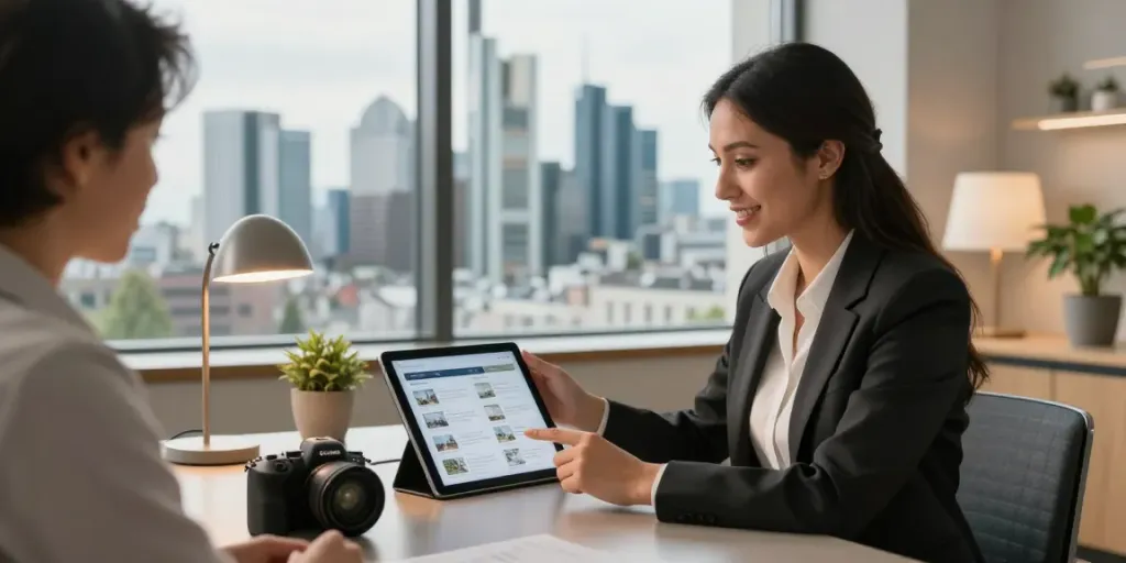 Der beste Immobilienmakler in Frankfurt berät einen Kunden über aktuelle Immobilienangebote in einem modernen Büro.