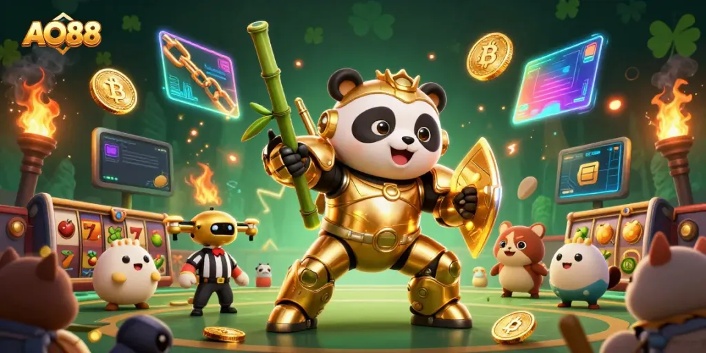 Engage in thrilling gameplay at AO88 with a mech-suit panda battling in a vibrant casino arena.