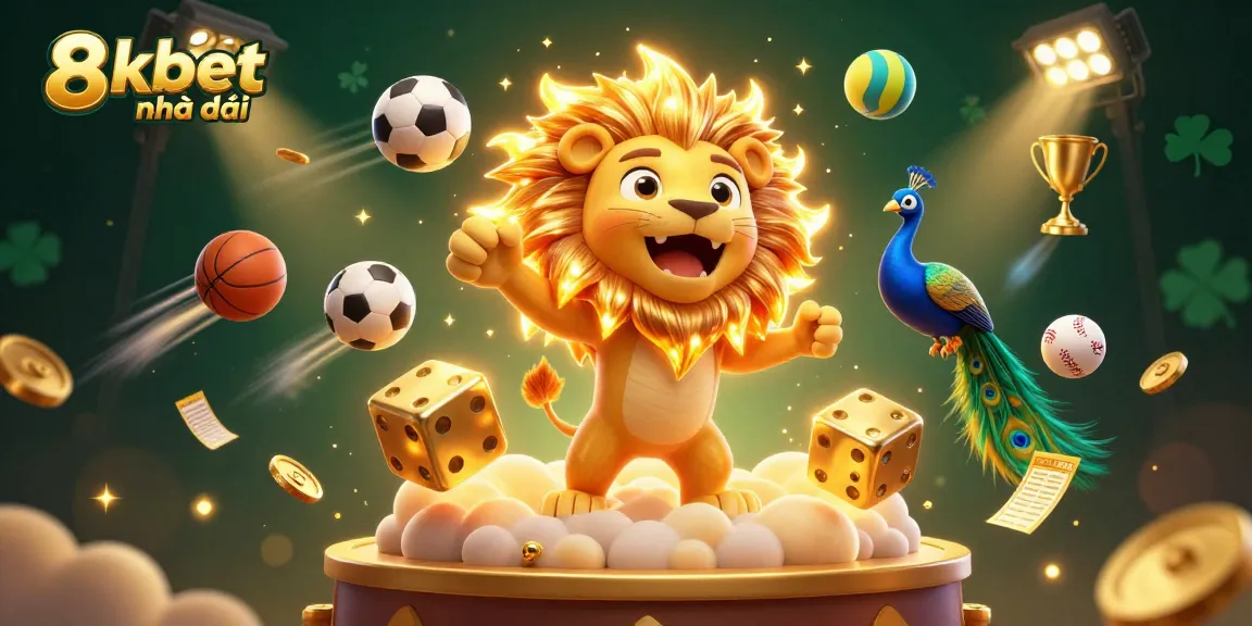 Bet and win at 8xbet nhà cái with dynamic gaming elements in a vibrant 3D scene.