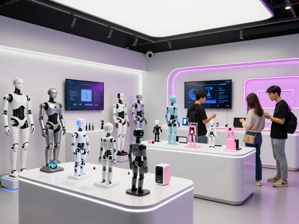 Explore the cutting-edge world of sex bots in a modern showroom filled with humanoid robotic figures and interactive technology.