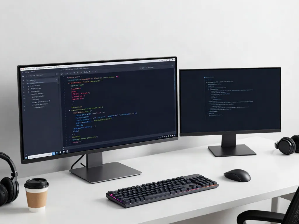 Secure code review workspace with monitors displaying security tools and code analysis.