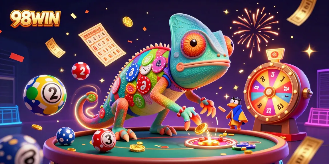 Experience excitement at 98WIN with colorful casino elements and a lively chameleon character!