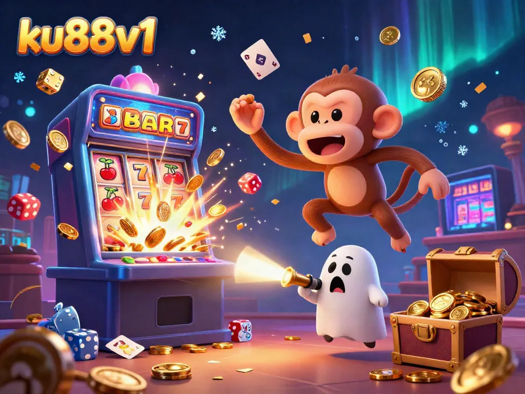 Experience thrilling play with ku88v1 at a dazzling casino with a whimsical poltergeist monkey.