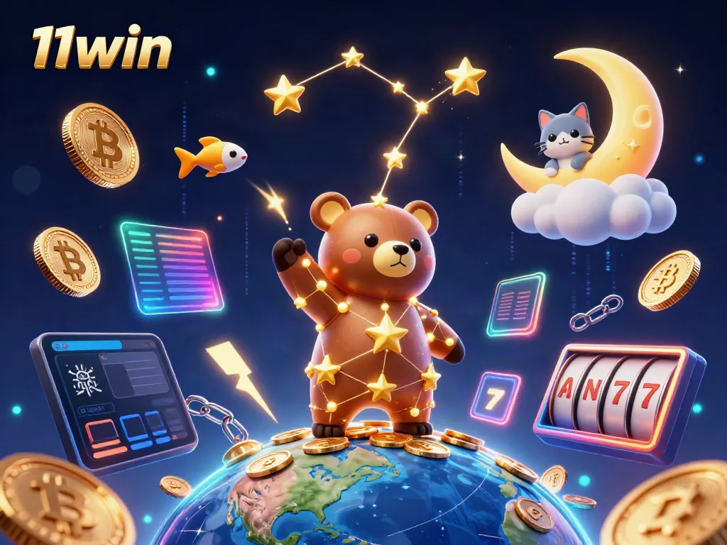 11win showcases a vibrant 3D casino scene with a constellation bear interacting with jackpot elements and crypto coins.