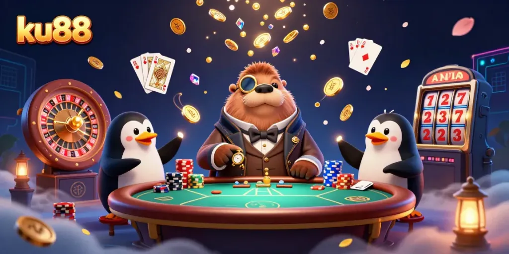 Experience thrilling poker moments at ku88 with a lively underwater scene featuring a walrus and friends.