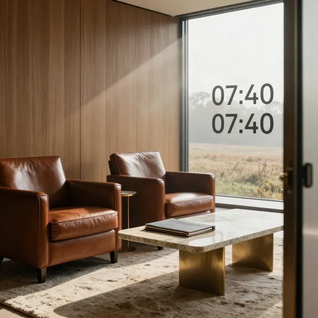 Eleganter Coaching-Raum mit Ledersesseln, Travertin und Morgenlicht im Nebel.