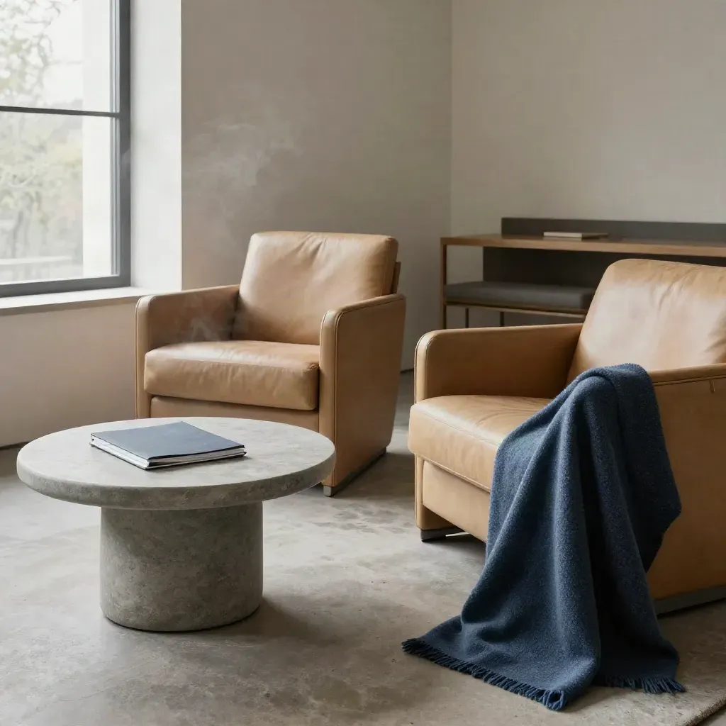 Ruhiger Coaching-Corner mit zwei Ledersesseln, Steintisch und geschlossener Mappe im Morgenlicht.