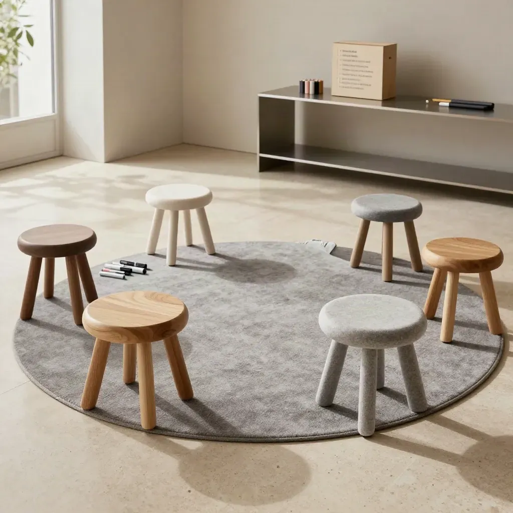 Leerer Workshopraum mit Hockern, Wollteppich, Markerbox und warmem Travertinlicht