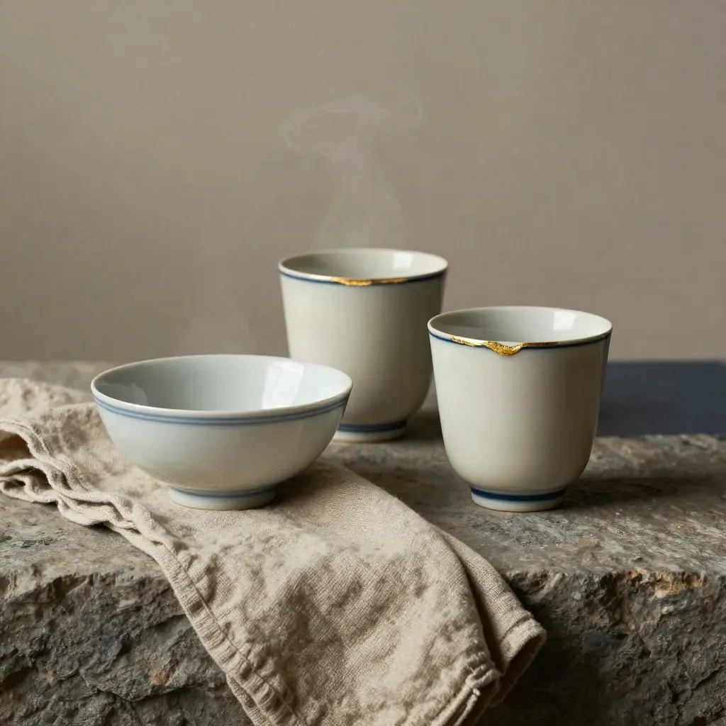 Kintsugi-Schale und zwei Tassen im dramatischen Licht auf Stein.