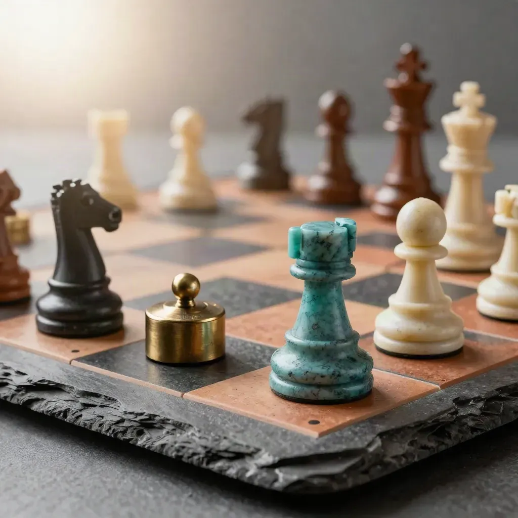 Strategisches Sparring-Board mit Schachfiguren, Bronzegewichten und Schieferplättchen, Teal-Akzent.