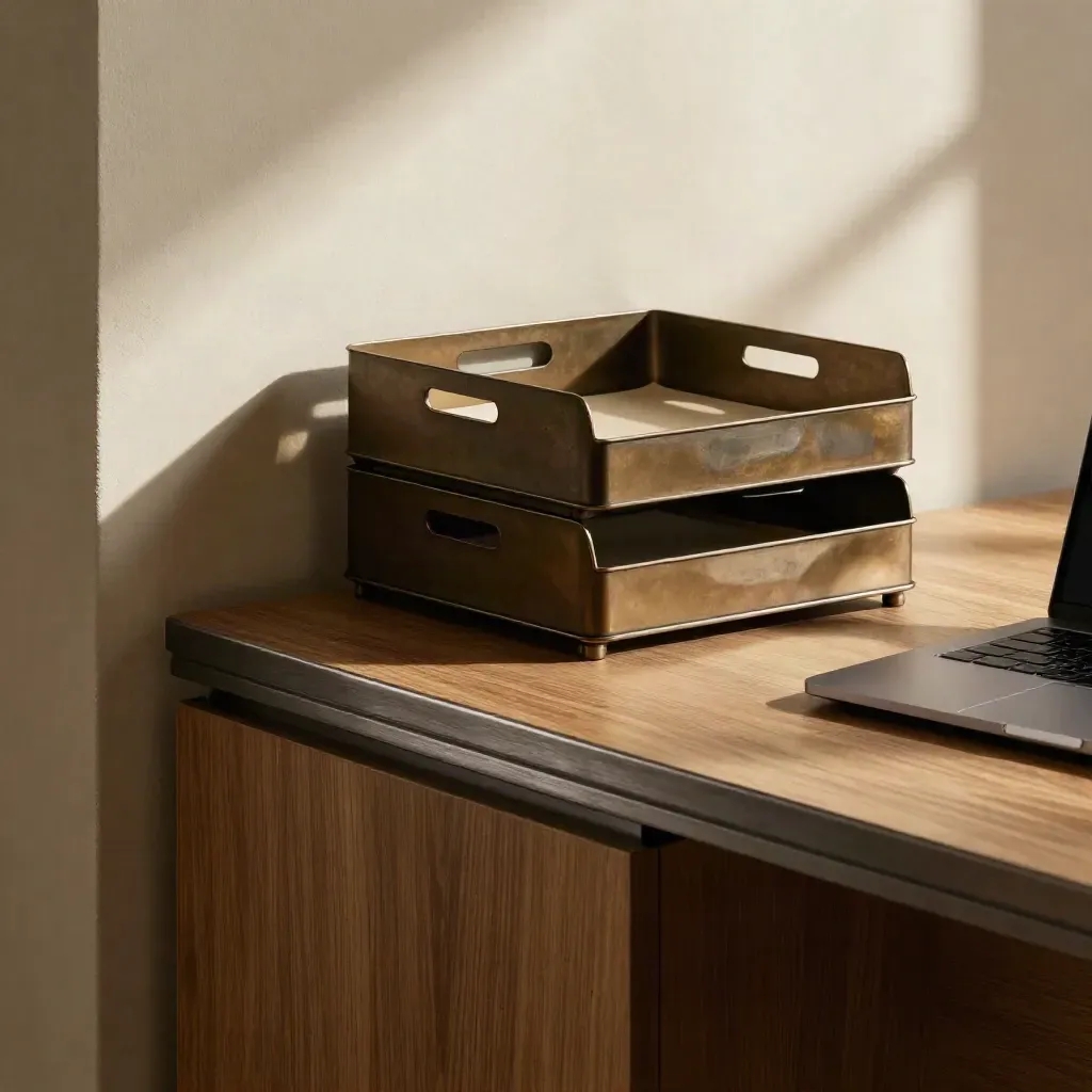 Minimaler Büro-Corner mit drei Ablageschalen, geschlossenem Laptop und Uhrenschatten im warmen Licht.