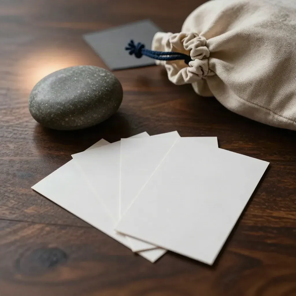 Speaking Stone, drei blanke Karten und ein Leinenbeutel auf dunklem Nussbaumholz.