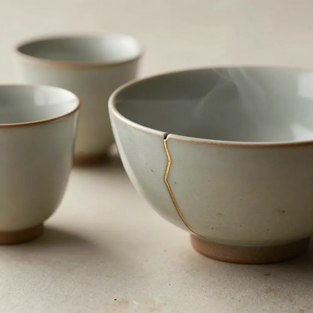 Kintsugi-Schale mit zwei Tassen und Steintrenner auf heller Tonfläche, zarter Dampf
