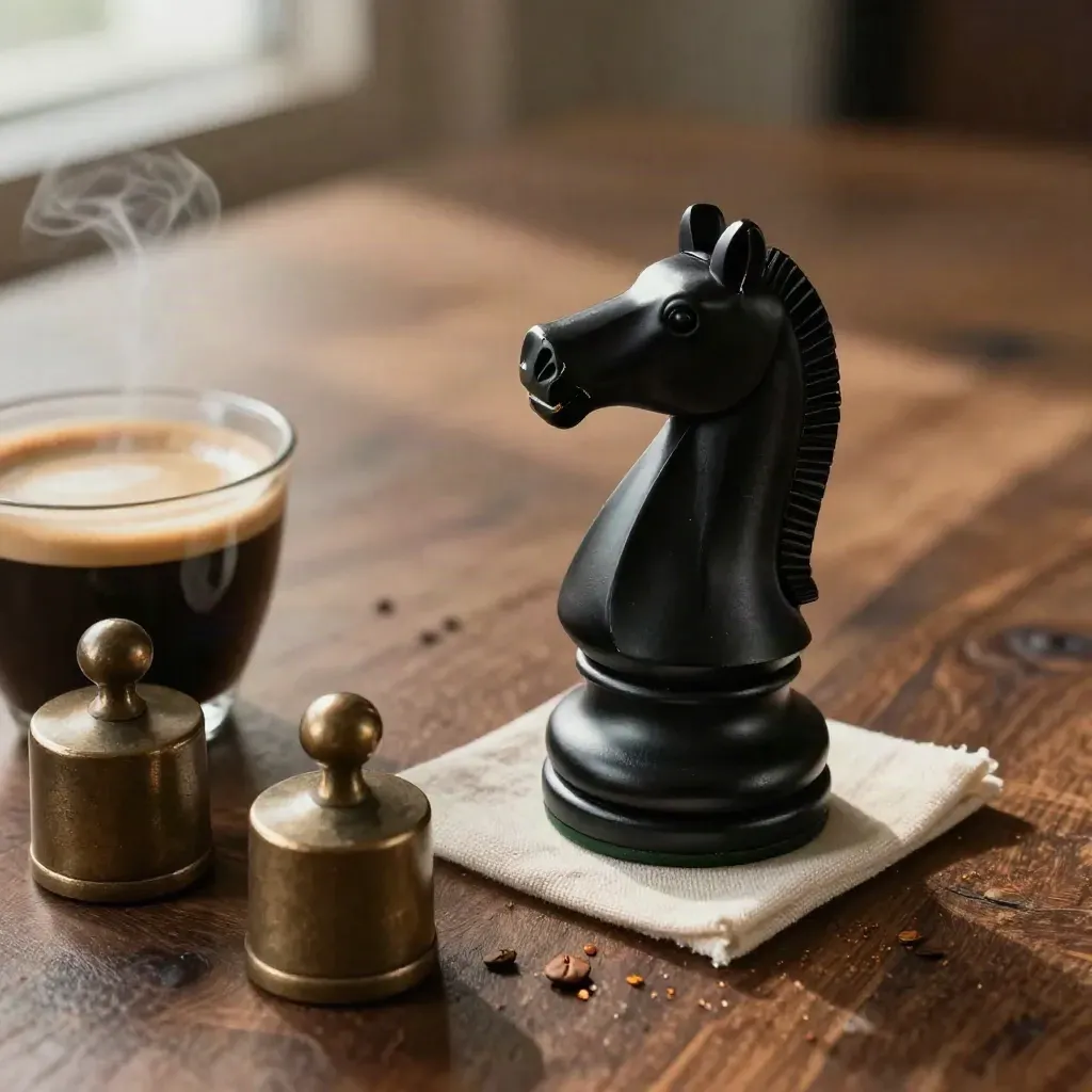 Schwarzer Schachspringer, Espressotasse und zwei Bronzegwichte auf geräucherter Eiche.