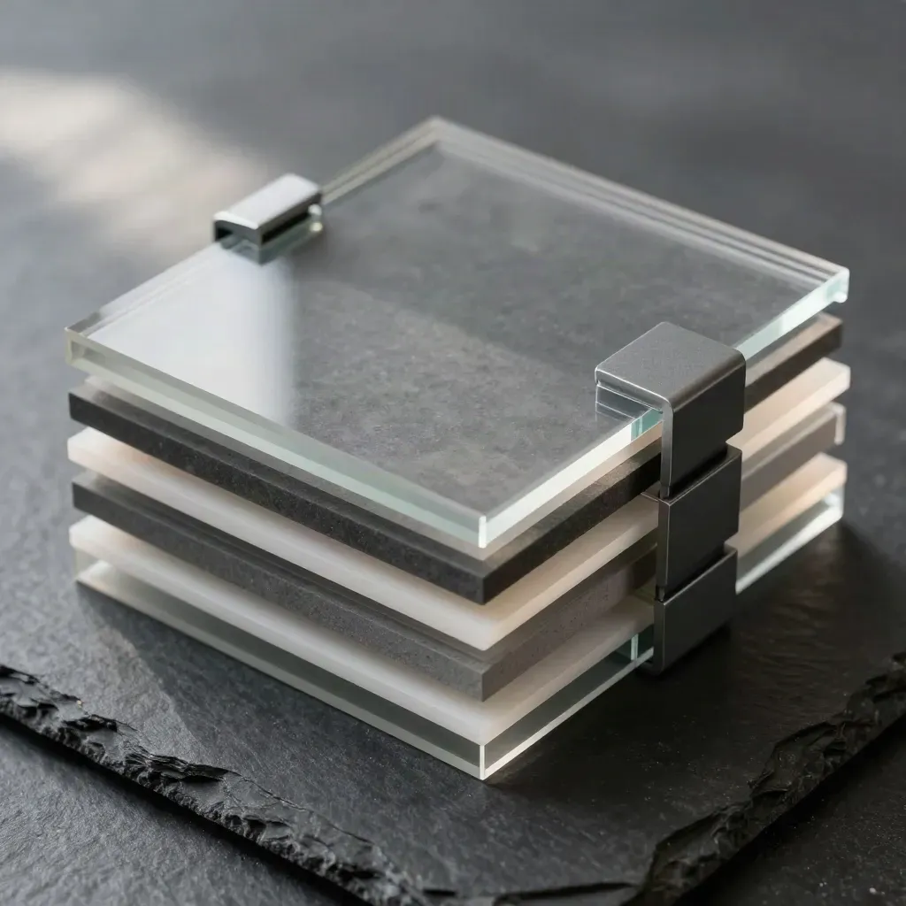 Transparente Acrylscheiben, drei Blöcke und ein Clip-Set auf dunklem Schiefer, von oben arrangiert.
