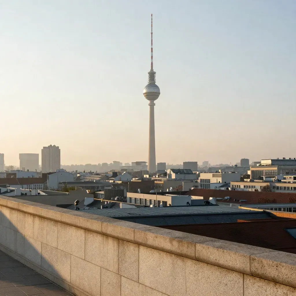 Berlin mit Fernsehturm über heller Spree-Haze und ruhigen Dächern im Morgenlicht