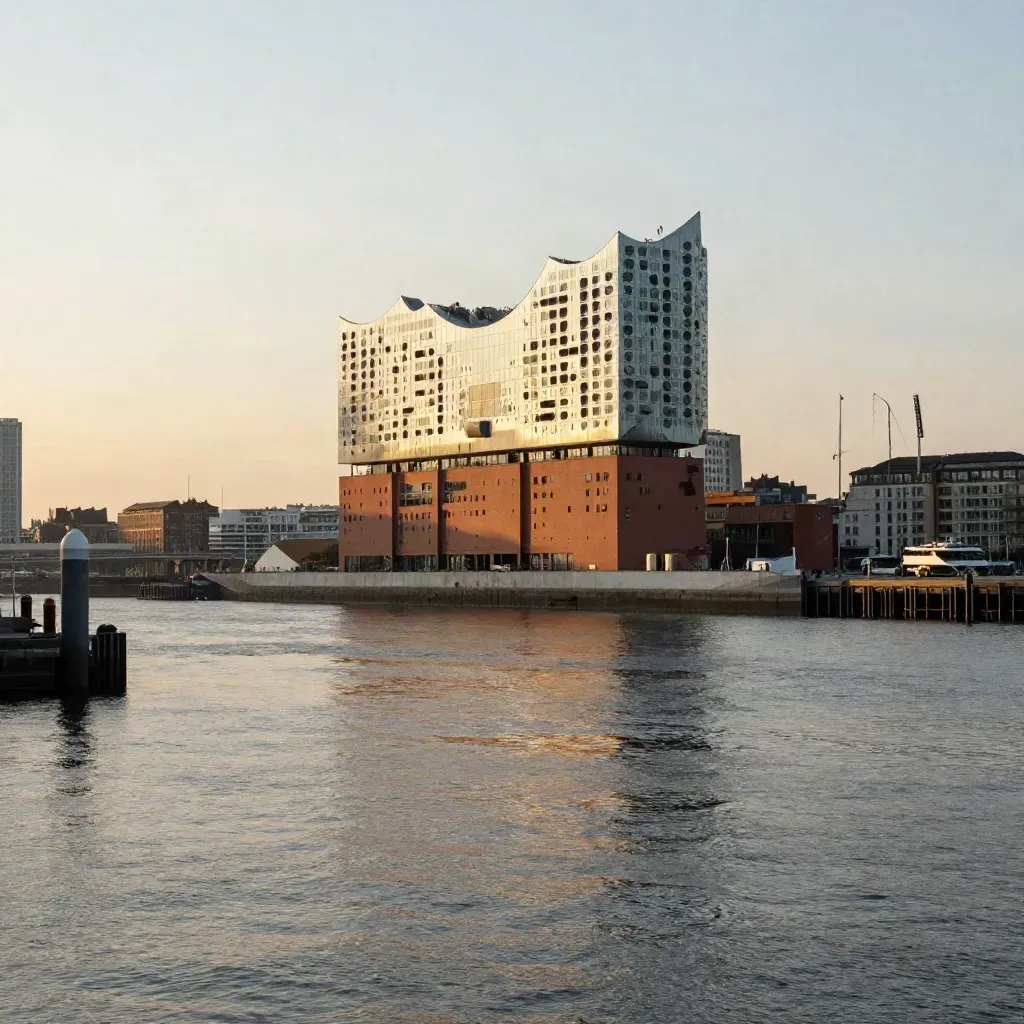 Hamburgs Elbphilharmonie über ruhigem Hafenwasser im goldenen Abendlicht