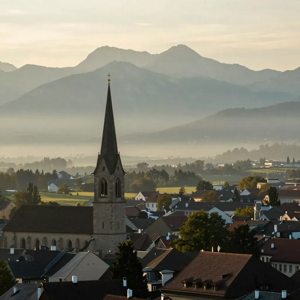 Münchner Kirchturm-Silhouette vor den Alpen in warmem Abenddunst