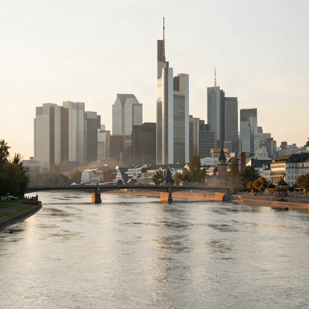 Frankfurter Skyline über dem Main im warmen Abenddunst, viel ruhige Fläche für Copy.