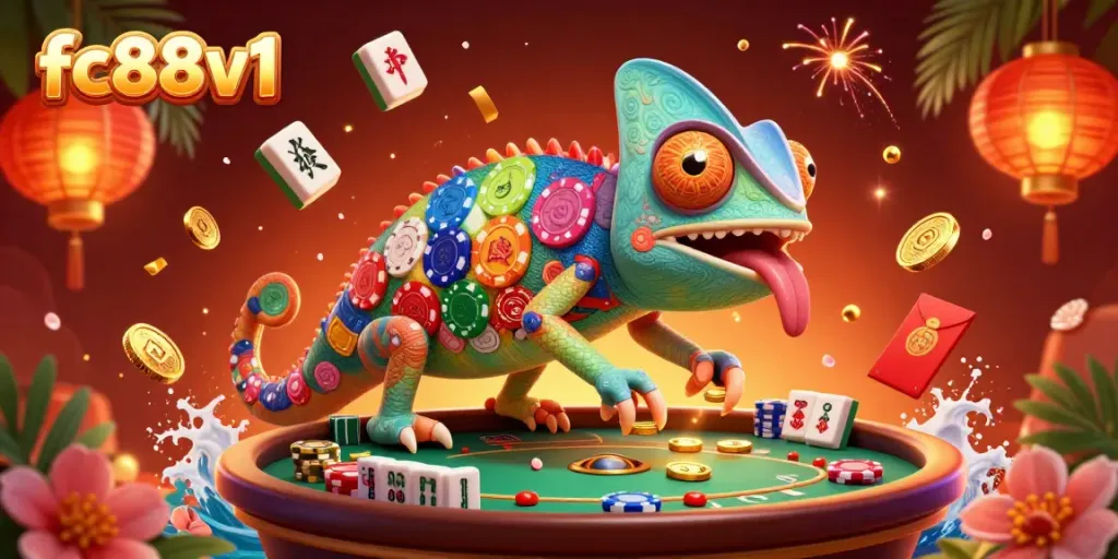 Experience the vibrant online casino scene with the chameleon mascot at fc88v1 catching golden coins.