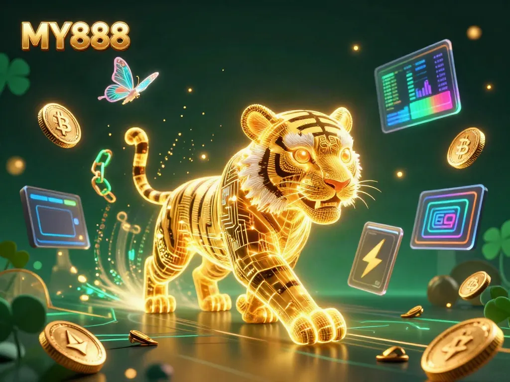 Experience the thrill of MY888 in a vibrant digital casino filled with neon excitement and crypto elements.