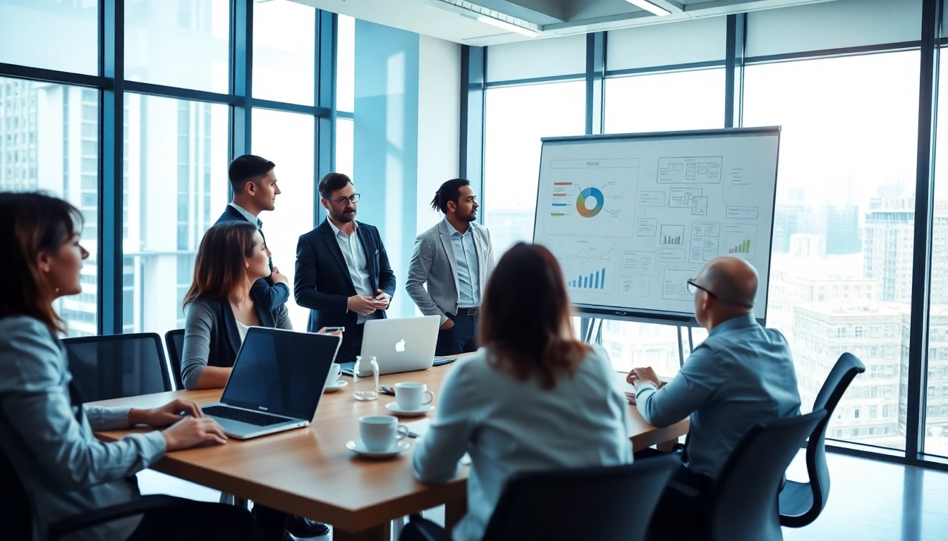 IT Consulting Experten diskutieren Strategien in einem modernen Buero.