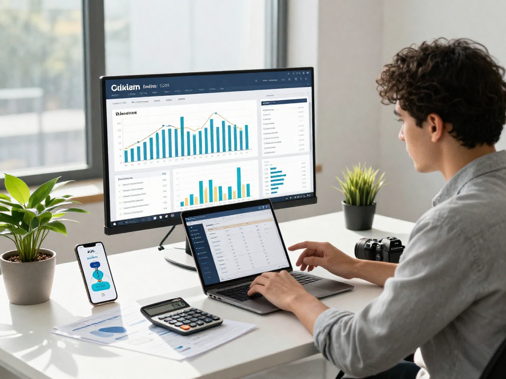 Financial analyst reviewing debet app data in a bright, modern office setting.
